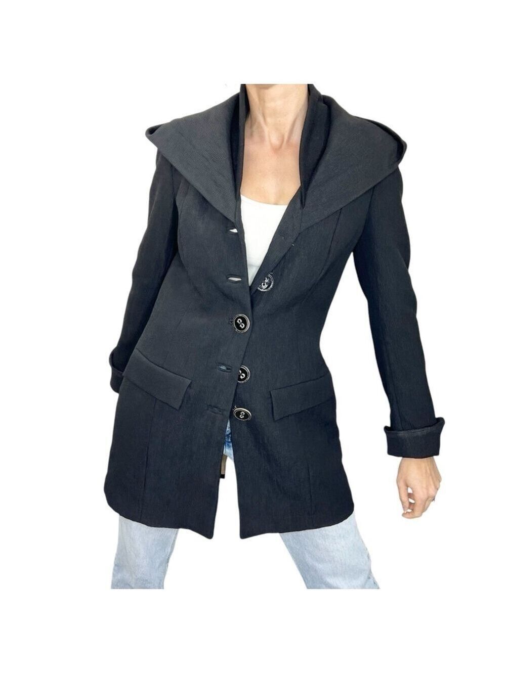 Zenobia black ribbed knit hooded button front spring fall jacket coat 6